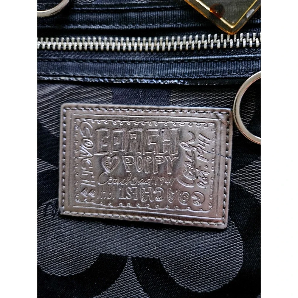 Coach Poppy‎ Signature Sateen Spotlight Tote Womens Large Black Grey Logo Y2K